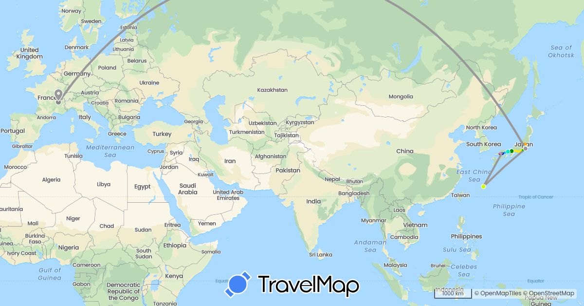 TravelMap itinerary: driving, plane, jour 2, jour 3, jour 4, jour 5, jour 6, jour 7, jour 8, jour 9, jour 10, jour 11, jour 12, jour 13, jour 14, jour 15, jour 16, jour 17, jour 18, jour 1, jour 19, jour 20 in France, Japan (Asia, Europe)